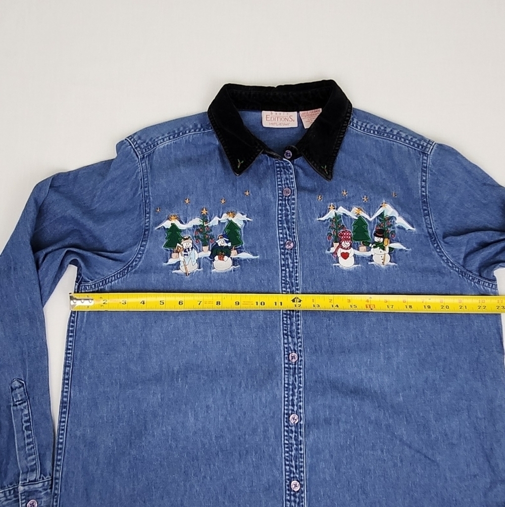 Vintage Basic Edition Holiday Christmas Holiday Snowman Family Denim Button Down - Picture 6 of 7